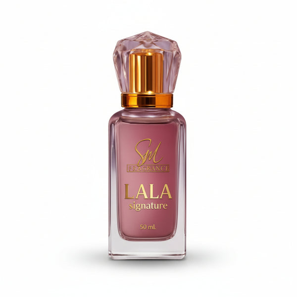 LALA perfume bottle with water splash on a red background