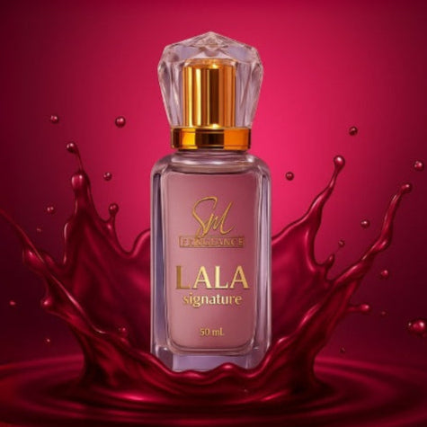 LALA perfume bottle with water splash on a red background