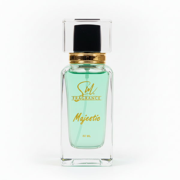 Green perfume bottle with gold cap on a reflective surface