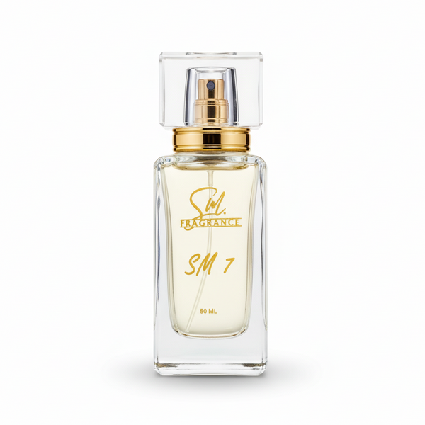Perfume bottle labeled 'SM 7' with red smoke effects on a dark background