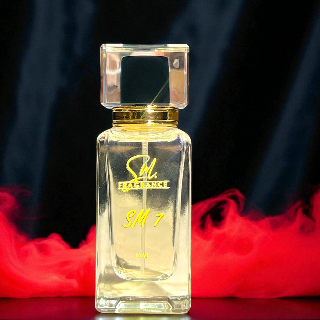 Perfume bottle labeled 'SM 7' with red smoke effects on a dark background