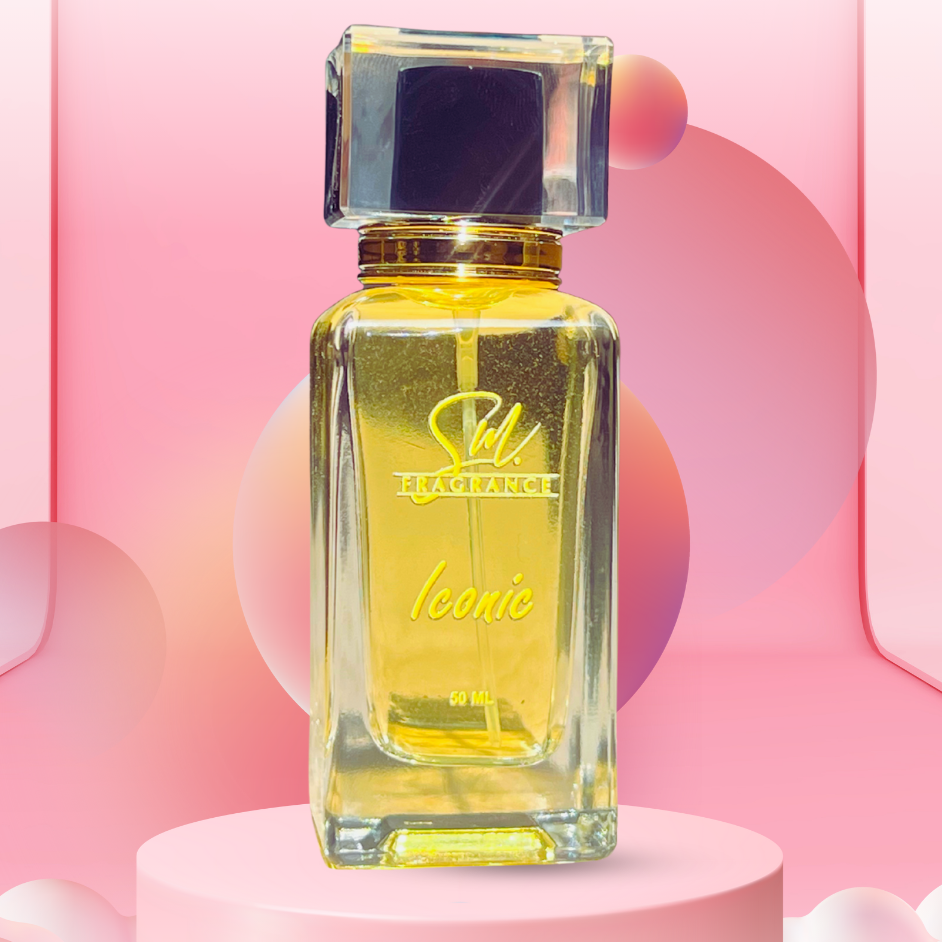 Perfume bottle labeled 'Leonie' on a pink and white abstract background