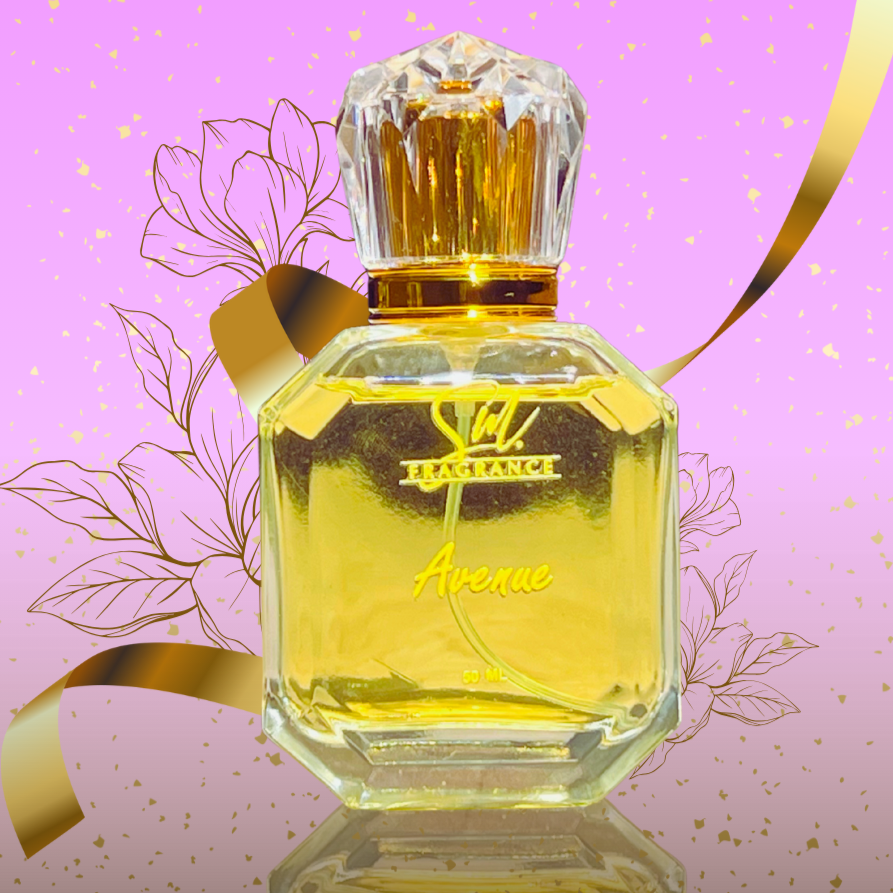 Perfume bottle with gold cap and ribbon on a purple background