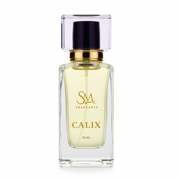 Perfume bottle labeled 'Calix' by SM Fragrances on a wooden shelf with a plant in the background.