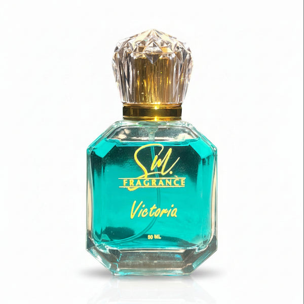Perfume bottle with 'Sil Fragrance Victoria' on a water surface